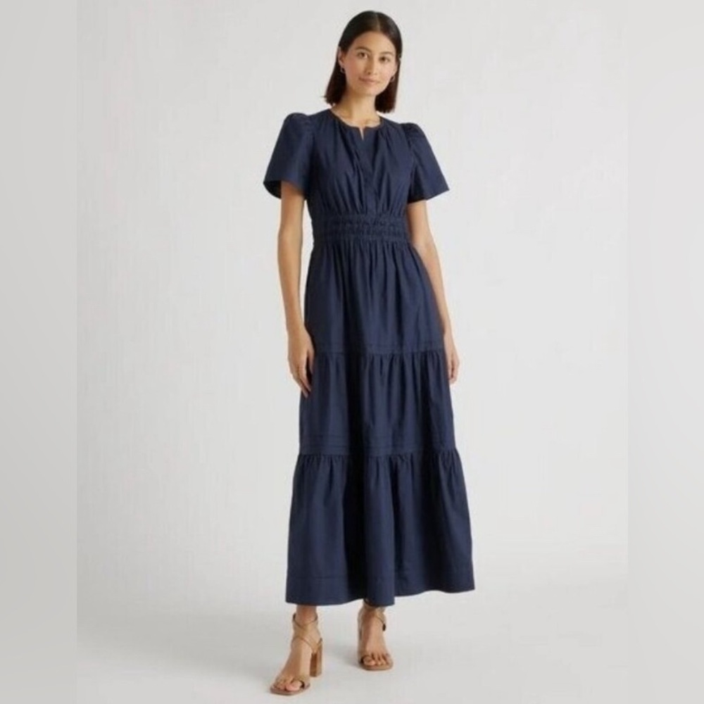Quince Navy Blue Organic Cotton Tiered Maxi Dress sz XS Women's Pockets Poplin